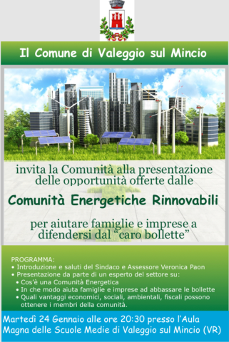 Comunità Energetiche e benefici per la comunità: serata informativa martedì 24 gennaio 2023