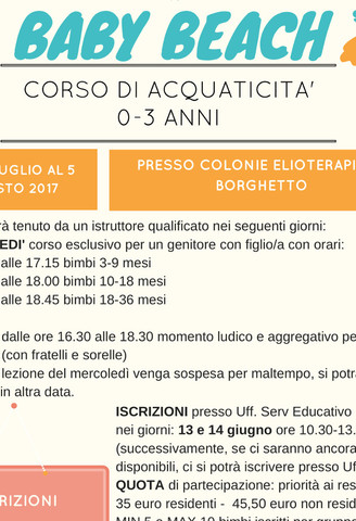 Corso di acquaticità 0-3 anni Baby Beach presso le colonie elioterapiche di Borghetto dal 5 luglio al 5 agosto 2017