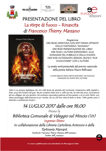 Il fantasy a Valeggio sul Mincio. Francesco Thierry Marzano presenta il libro: "La stirpe di fuoco - Rinascita"